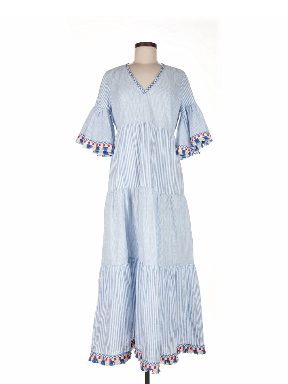 Tuckernuck Light Blue Striped Tiered Maxi Dress with Multicolor Tassels